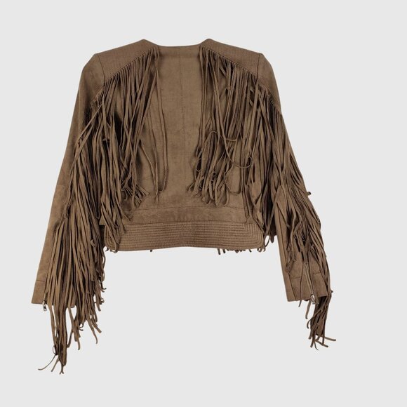 BCBGMAXAZRIA Tan Faux Suede Fringe Moto Jacket With Zipper Womens Size S - Picture 2 of 11